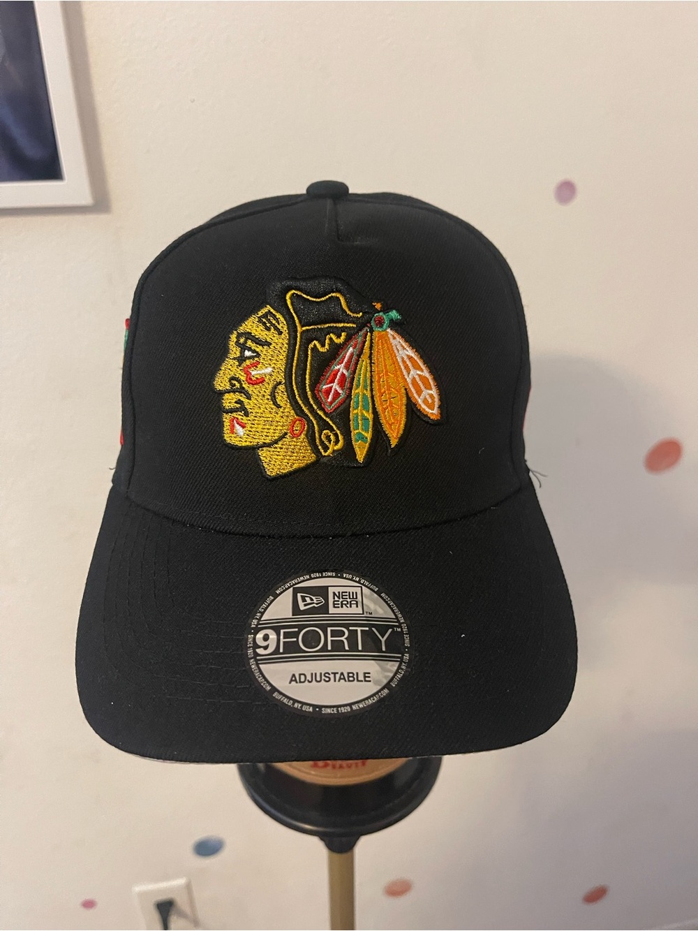 New Era Black 9FORTY Adjustable Cap with Multicolor Embroidered Logo